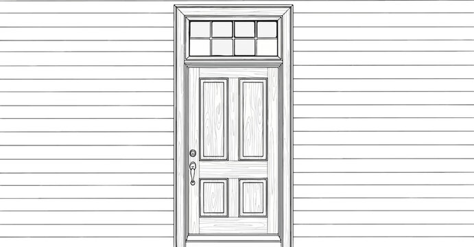 A black and white sketch of a wooden paneled front door with a multi-paned transom window