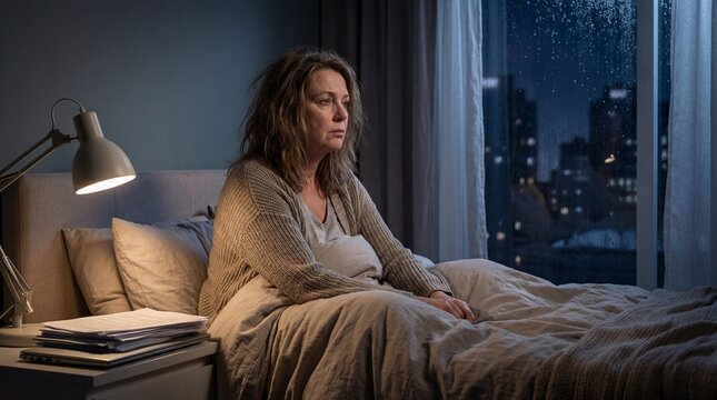 Stressed mature woman sitting alone in bed at night suffering from insomnia.