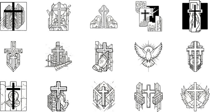 Collection of 15 Christian symbols including various crucifix designs and a dove