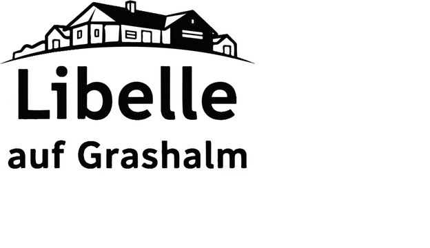 House on a hill with text "Libelle auf Grashalm" below