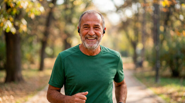 Happy senior man with grey beard jogging in an autumn park while wearing wireless earphones and a green t-shirt under warm sunlight