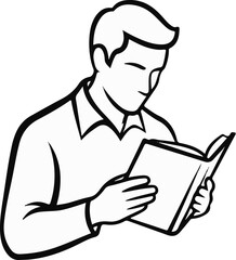 A man in a collared shirt is absorbed in reading an open book held in his hands
