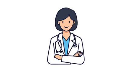 Fototapeta premium A smiling female doctor with dark hair and a stethoscope standing confidently with arms crossed in a white lab coat against a clean white background.
