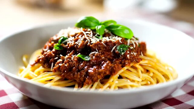 Delicious Spaghetti Bolognese with Fresh Basil and Parmesan Cheese.