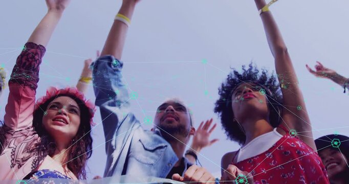 Trio of friends raising arms singing gripping barrier music starting teal nodes pulsing over arms