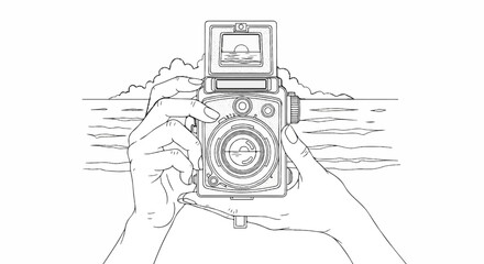 Hands hold a vintage camera, framing a seascape with clouds