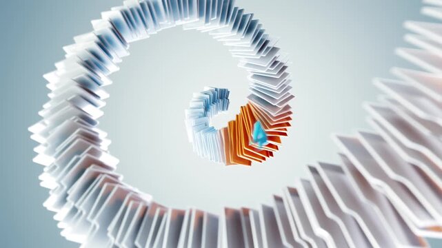 abstract 3D visualization of digital file management. The main element is a helical spiral composed of numerous thin, stylized file folders or documents layered on top of each other.