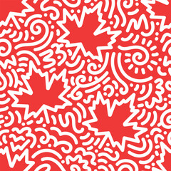 Seamless white doodle pattern with abstract elements and maple leaves on red background. Bold autumn repeat ideal for fabric, packaging, wrapping paper, and seasonal branding.