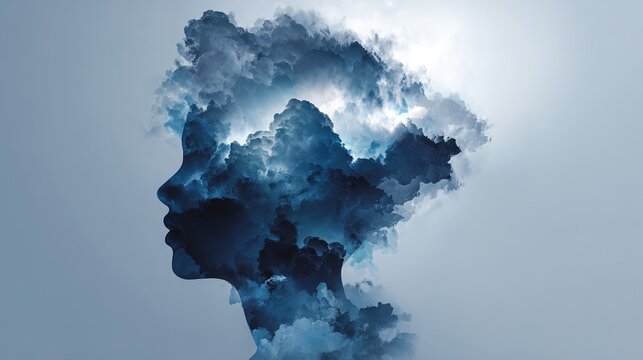 Abstract silhouette of a human head made of dark smoke and clouds, concept of mental overload and depression
