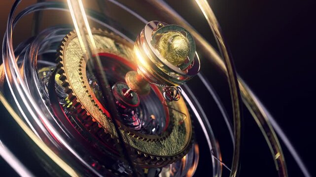 3D rendering of a stylized astrolabe or armillary sphere, blending ancient 
navigational aesthetics with futuristic engineering.At the center sits a textured 
golden celestial orb.