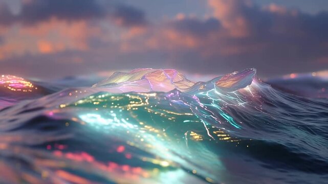 Abstract ocean waves with illuminated crests under a dramatic sky
