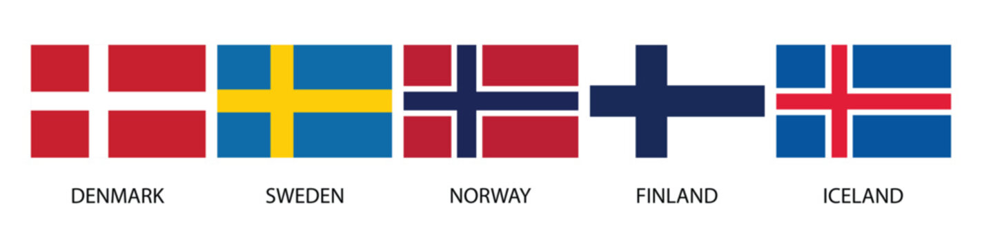 Nordic country flags collection featuring Denmark Sweden Norway Finland and Iceland arranged in a row isolated on white background for Scandinavian identity and geography design use