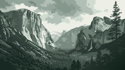 Monochromatic Sage Green Vector Illustration of a Majestic Mountain Valley with High Cliffs and Waterfall © SABIHA