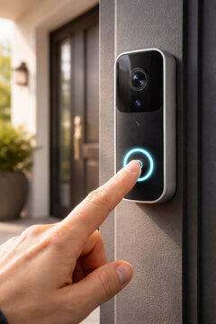Person pressing smart doorbell button at home entrance