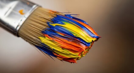 Close-up of a paint brush with vibrant colorful paint.