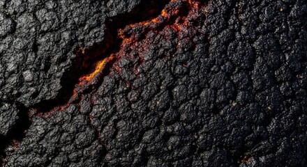 Close-up of dark, textured surface with fiery orange crack.