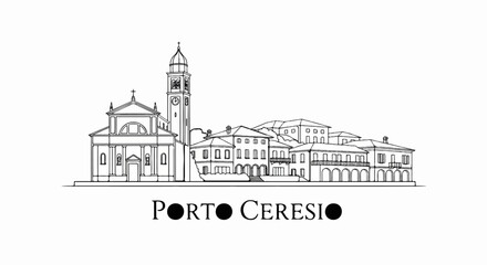 Obraz premium Sketch of a coastal town's skyline featuring a church with a bell tower and residential buildings