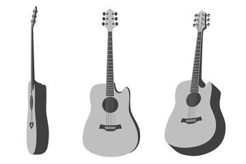 Fototapeta premium Set of acoustic guitar icons. Vector illustration of a grey musical instrument from different angles, symbol of art, hobby and performance.
