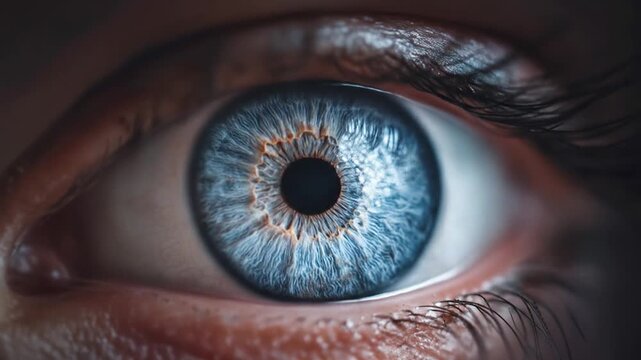 Extreme close-up of a vibrant blue human eye, showcasing intricate iris patterns and a dark pupil, vision concept