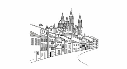 Fototapeta premium Sketch of an old European city street lined with buildings leading to a large, ornate cathedral