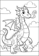 Fototapeta premium Dragon coloring page for kids showing a happy mythical creature blowing smoke