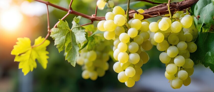Ripe green grapes hang on the vine, glowing in the backlight of the sunset, capturing the essence of winemaking at a vineyard
