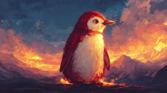 Charming red and white fantasy creature in a breathtaking fiery sunset mountain landscape, digital painting art