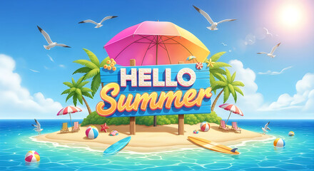 Vibrant beach scene welcoming summer with palm trees seagulls and sunny weather