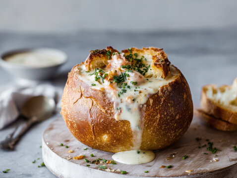clam chowder in a bread bowl 