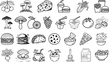 Fototapeta premium Collection of handdrawn food and drink icons fruits, vegetables, fast food, cheese, and desserts in sketch style