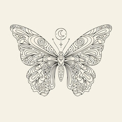 Intricate butterfly illustration with celestial elements and swirling patterns on a simple background viewed from front