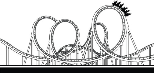 Roller coaster silhouette illustration, thrilling amusement park ride with loops, adrenaline theme, black outline vector design background isolated white backdrop © Rabbi Creative