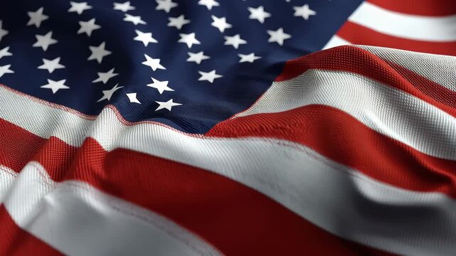 USA flag waving in the wind with bright colors during daylight captured in slow motion for detailed viewing of fabric and design elements