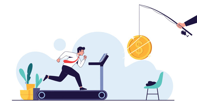 Motivated businessman runs on a treadmill while chasing a golden dollar coin dangled from a fishing rod as a metaphor for career goals.