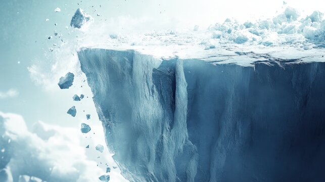 Dramatic Ice Cliff Edge Under Threat of Collapse in a Winter Landscape