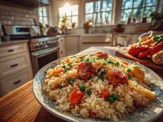 A generous serving of fried rice, mixed with vegetables, egg, and shrimp, is topped with green onions and spicy seasoning, served alongside glazed chicken pieces in a bright kitchen.