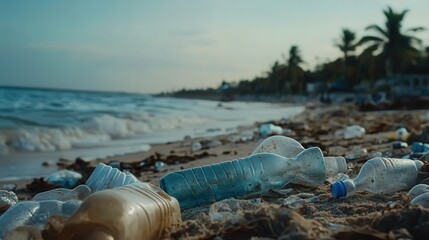Discarded Plastic Bottles Littering a Polluted Beach on the Coastline
