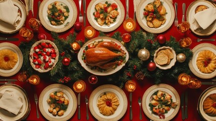 Elegant Christmas Dinner Feast with Traditional Roasts and Festive Table Settings