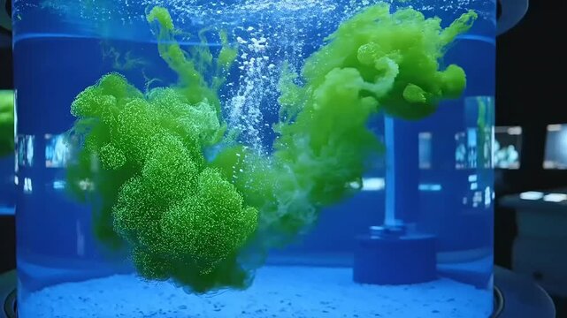 Bioluminescent Algae Bloom Growing in an Aquatic Tank