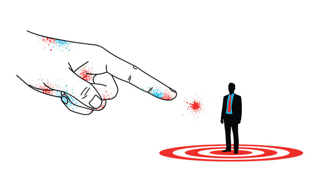 Scapegoating or targeting concept showing a giant pointing hand aimed at a small silhouette of a businessman standing on a red target.