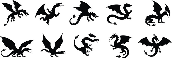Fototapeta premium Collection of mythical dragon silhouettes in various flying and sitting poses, isolated black icons, silhouette flat vector illustration, fantasy