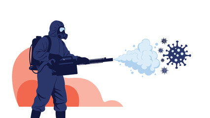 Naklejka premium Pandemic disinfection concept showing a person in a protective hazmat suit using a fogger machine to kill virus particles.