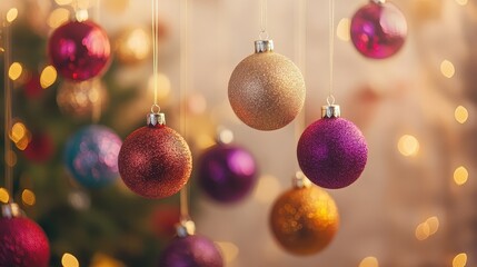 Obraz premium Festive Christmas ornaments in vibrant warm tones hanging decoratively from a modern chandelier during an indoor celebration