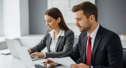 Professionals collaborating on laptops in an office setting while reviewing documents