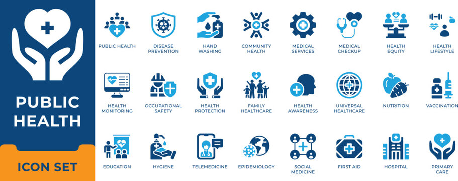 Global public health epidemiology community medicine and hygiene prevention vector icon set