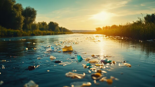 Floating Plastic Pollution Marring a Serene River Scene Under Bright Sunlight