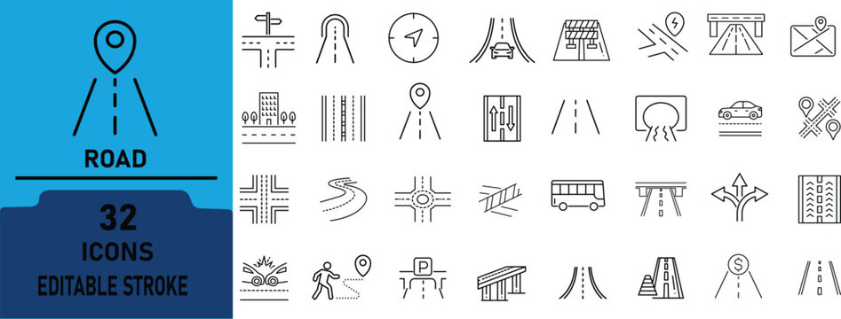 Road Line Icon Set .Contains to related icons Highway, Intersection, Navigation, Traffic, Infrastructure Vector Outline Collection