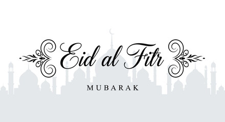 Eid al Fitr Mubarak greeting banner with elegant calligraphy, decorative floral ornaments, and mosque silhouette background for Islamic religious festival celebration, © Delowara