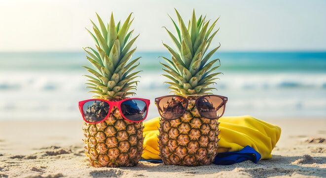 Summer vibes two pineapples enjoying a sunny beach day in sunglasses
