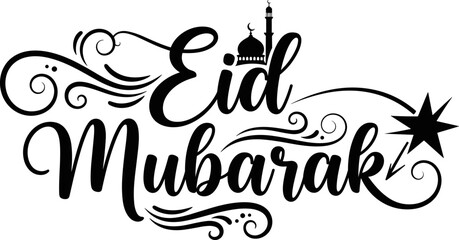 Decorative Eid Mubarak script with mosque icon and star element for Islamic religious holidays, Ramadan Kareem, greeting cards, and spiritual celebrations. © Delowara
